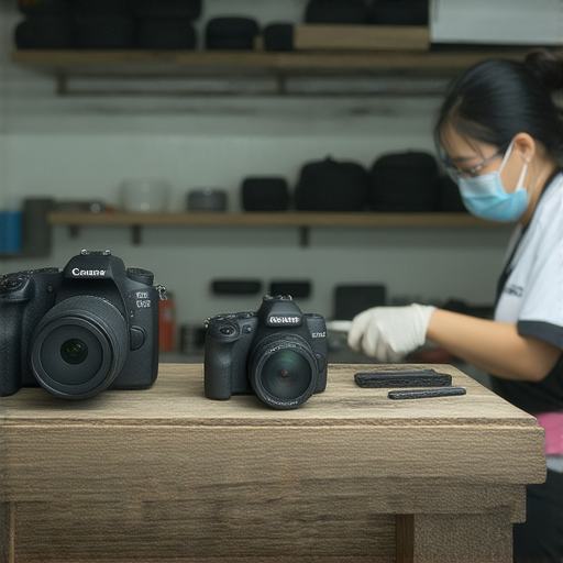 專業相機維修服務在深水埗和旺角，技師專注解決相機問題，展現各種維修工具，顧客在檢查修理後的相機，打造相機完美重生的場景。