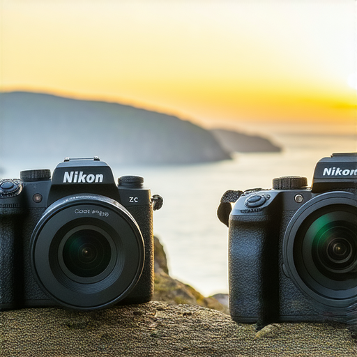 尼康Z fc相機與Coolpix W300並排展示，背景為美麗的自然風景，突顯兩款相機的設計特點及性能，為專業攝影愛好者探索新境界提供靈感。