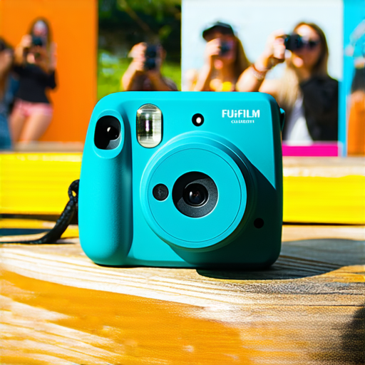 Fujifilm即影即有相機展示在戶外，捕捉瞬間的照片，周圍環繞著攝影愛好者，展現全新攝影世界的魅力與創意。