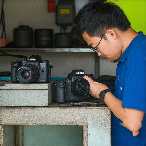 探索深水埗和旺角專業相機維修店的服務，圖片展示技術人員為數碼相機進行維修，專注於細節，確保每台相機焕然一新，提供高品質維修服務的專業形象。