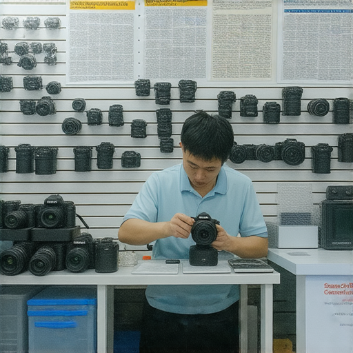 深水埗旺角專業相機維修店內部，展示各類數碼相機維修工具與設備，技師正在進行維修，背景有數碼相機維修課程資訊海報，提供實用學習資源。