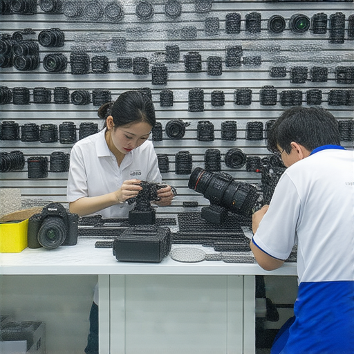 專業相機維修店鋪展示在深水埗、旺角、屯門，顧客學習維修技術的課程現場，展現相機零件、工具及專業人士專心維修的情景，提供最佳維修服務與課程資訊。