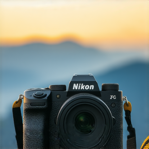 Nikon Z FC相機特寫，展示經典與現代設計融合，配有美麗的景色背景，體現攝影新技術的魅力，提升創意靈感的專業服務。