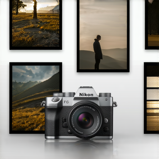 Nikon Z FC 相機展示，強調其復古設計和先進攝影功能，背景中顯示多種攝影作品，揭開攝影新境界的神秘面紗，促進對專業服務的了解。