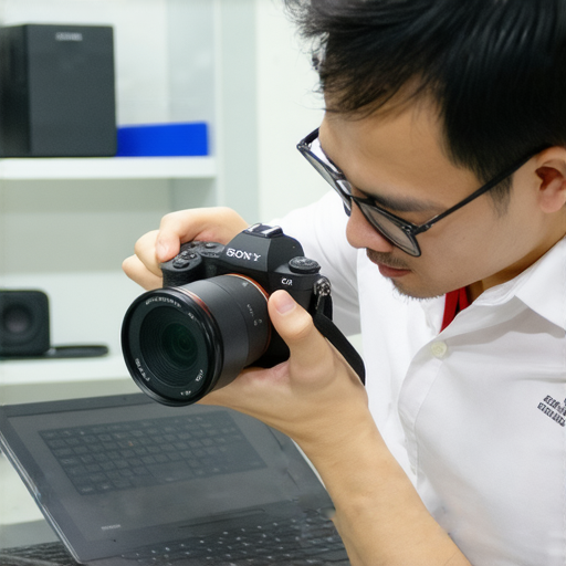 香港專業相機維修中心提供SONY與CANON一站式服務的專業技術人員正在檢查相機，背景顯示維修設備，強調高品質維修服務。