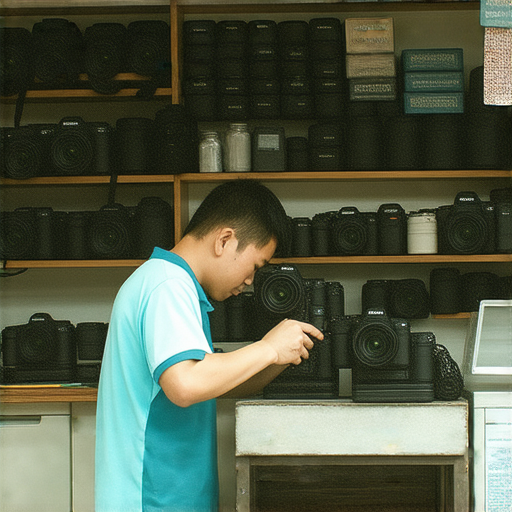 香港深水埗及旺角相機維修服務店內部景象，維修技術人員專注於相機維修作業，展示專業服務及影像器材，分析維修價格與服務品質，適合學生及攝影愛好者參考。