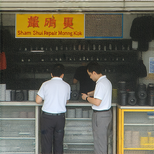 深水埗與旺角的專業相機維修店外觀，顧客正在咨詢服務，展示各種相機與維修設備，專家技術人員準備幫助客戶恢復相機性能，讓照片重拾光彩。