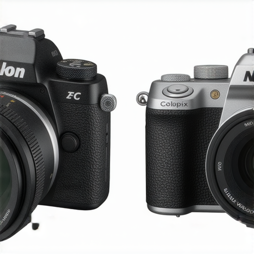 尼康Z FC相機展示其復古風格與現代科技，旁邊是耐用的Coolpix W300相機，兩款產品各具特色，適合不同攝影需求，從街拍到戶外冒險的完美選擇。