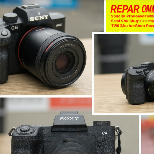 專業相機維修服務照片，展示技師修復SONY和CANON相機的過程，並突出尖沙咀及深水埗的優惠活動，讓相機重現光彩。