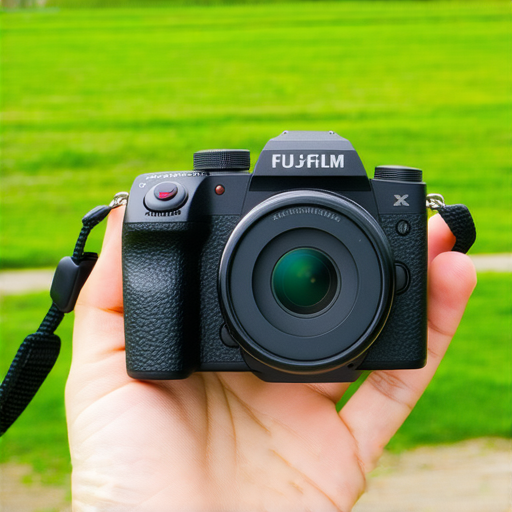 Fujifilm相機展示，捕捉即影即有的美好瞬間，強調相機設計與便攜特性，背景為自然風景，突出攝影的魅力與創造力。