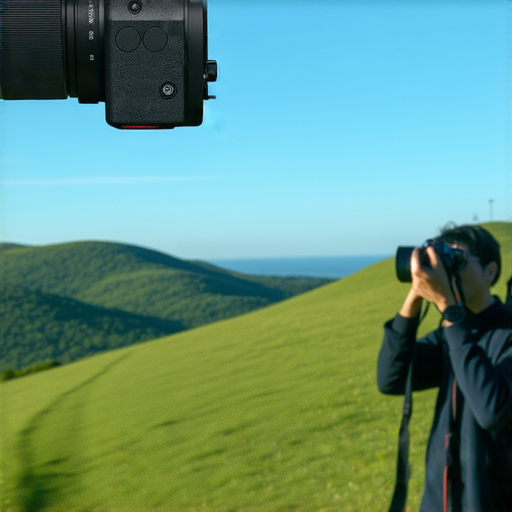 Nikon Z FC相機展示其復古設計，攝影師專注拍攝風景，背景為美麗自然景色，展現專業拍攝服務的魅力，完美影像的創造力。