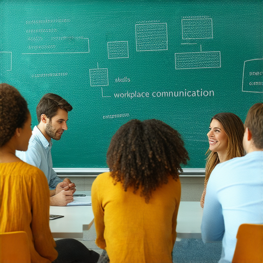 提升職場競爭力的商業英語課程教學場景，學員專心學習商務英語，黑板上顯示職場溝通技巧，彰顯多元化的學習環境和實用技能。