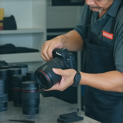 香港專業相機維修中心推薦與價格指南圖片，顯示相機維修技術人員正在檢查相機，提供專業維修服務的環境，展示設備與工具，強調服務質量與維修價格。