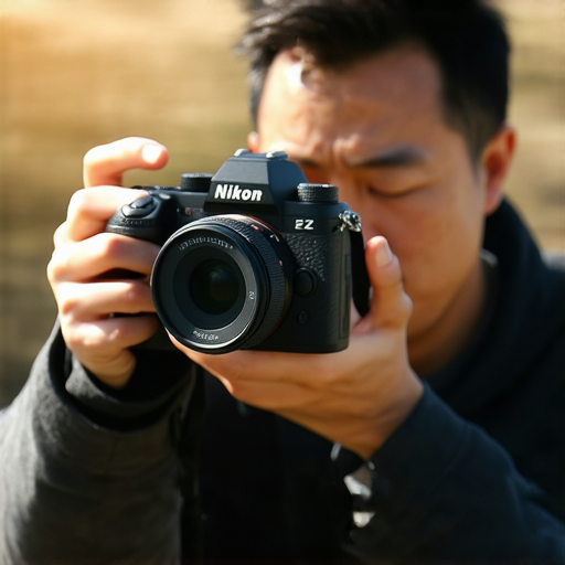 Nikon Z FC相機在自然光下拍攝，展示其復古設計與現代技術，專業攝影師正在調整焦距，捕捉絕美瞬間，展現探索Nikon Z FC的魅力，幫助用戶提升拍攝技巧。