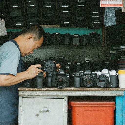 深水埗的專業相機維修服務，專注於SONY與CANON品牌，工作人員專心維修中，背景展示各類相機配件，適合攝影愛好者探索深水埗的維修秘密。