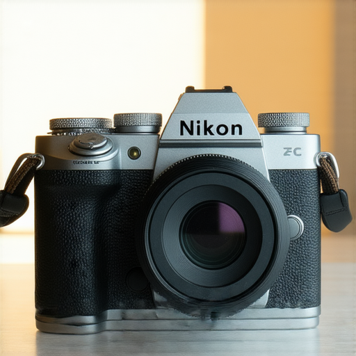 尼康 Z FC 攝影機展示，搭載復古設計與先進技術，強調其輕巧便攜，適合攝影愛好者，並展現多樣拍攝功能，無論是街拍還是風景攝影，都是理想選擇。