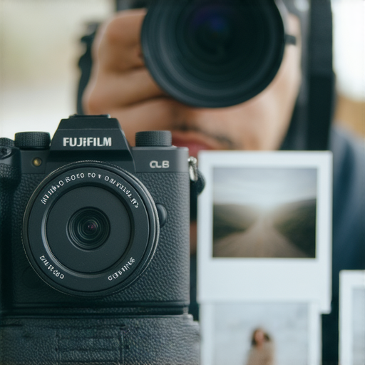 Fujifilm相機展示即影即有的功能，捕捉瞬間的魅力，背景中專業攝影師提供專業服務，吸引顧客體驗Fujifilm的創新科技。