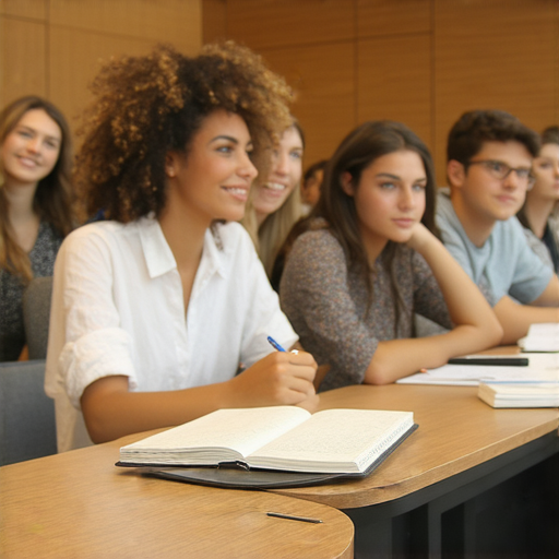 提升商業英語能力的商務英語課程推薦，學生在教室內專注學習，桌上擺放筆記本和筆，背景有教師授課，展現互動學習的氛圍。