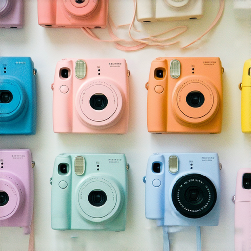 探索Fujifilm神奇世界的即影即有相機展示，色彩鮮明的相機產品排列在桌面上，吸引眼球，具備創意攝影體驗的完美選擇，立即發現最適合你的攝影夥伴。