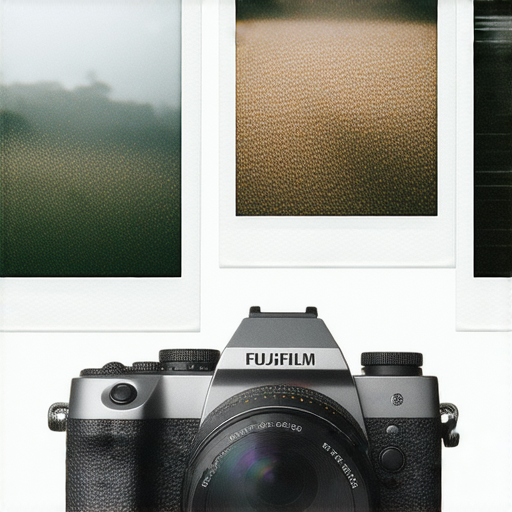 Fujifilm相機特寫，展現其獨特設計與色彩，攝影作品展示在背景，捕捉即影即有的魅力，探索攝影世界無限可能的精美畫面。
