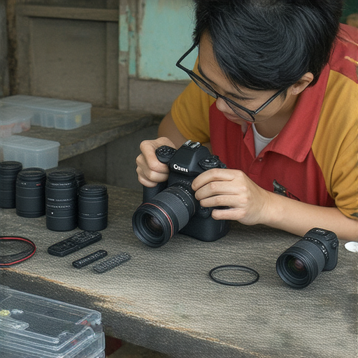 深水埗與旺角的專業相機維修服務，技術人員正專心檢修相機，展示工具與零件，讓你的相機重獲新生，解決拍攝問題，享受專業服務。