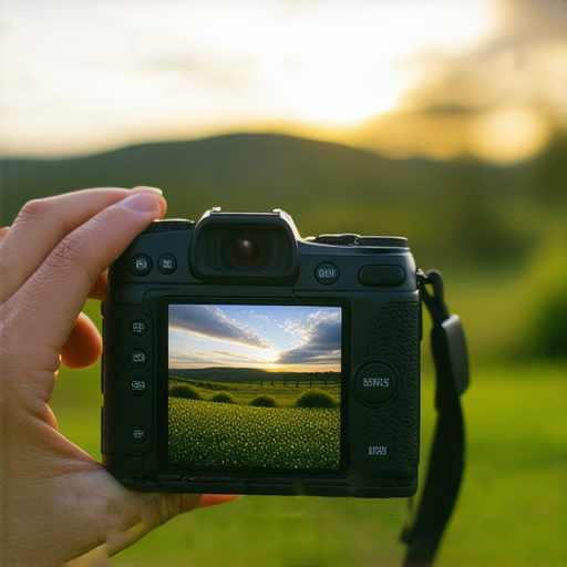 傻瓜相機在戶外拍攝的場景，背景是美麗的風景，展現傻瓜相機的功能與使用，揭示拍攝的秘密，改善旅程的完美技巧，適合攝影愛好者分享與學習。