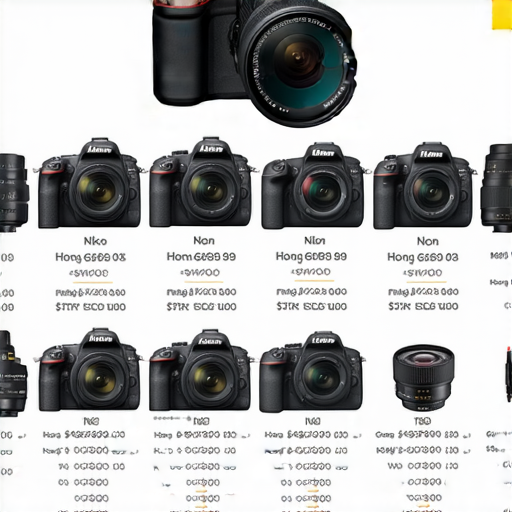 香港Nikon相機及鏡頭價格與購買指南，展示不同型號相機和鏡頭的特寫，背景為香港的城市風光，包含品牌名稱、型號及實際價格，為攝影愛好者提供參考資訊。