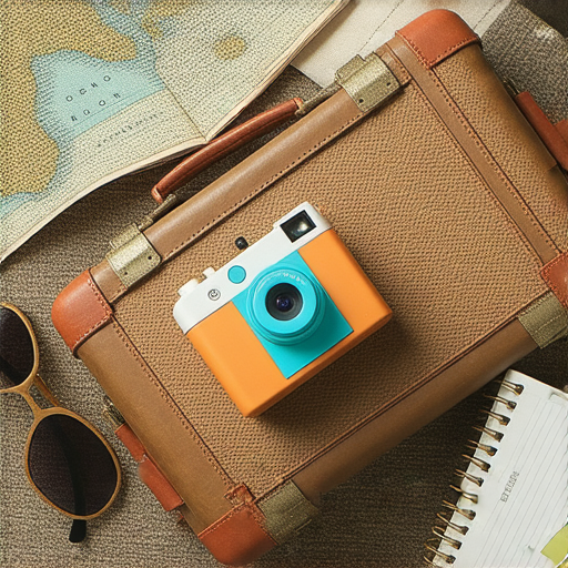 傻瓜相機擺放在行李旁，展示托運和重複使用的探索。相機周圍擺放著旅遊用品，突顯便利性與創意攝影的樂趣。了解傻瓜相機的使用技巧與秘訣，開啟拍攝新視野。