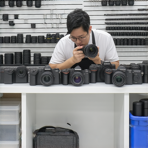 深水埗和旺角專業相機維修中心，展示最新維修技術的相機維修過程，技師專注於修復相機，提供專業服務，吸引客戶立即體驗全新技術。