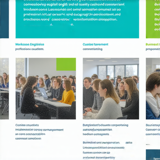 提升職場競爭力的商業英語與商務英語課程介紹圖像，展示學員學習英語交流技巧，強調專業詞彙和實用對話，幫助提升職場能力和競爭力，為職業生涯打下良好基礎。