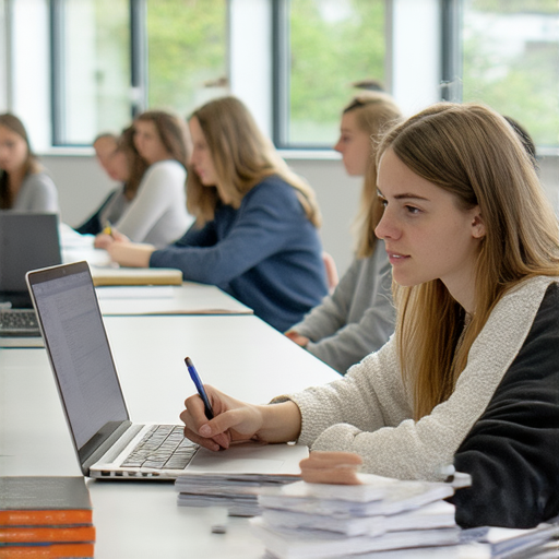 提升專業技能的商業英語課程與商務英語課程之選擇，展示學生專注學習的場景，背景為教室環境，強調現代職場需求與語言能力的提升。