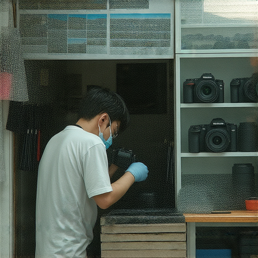 深水埗與旺角的專業相機維修店內景，技師專注於修理數碼相機，顯示各種維修工具和設備，為顧客提供高品質相機維修服務，讓數碼相機重回巔峰。
