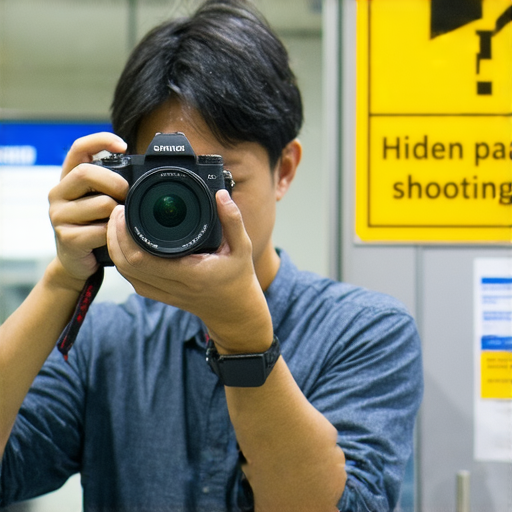 一名旅客在安檢機前檢查相機，畫面展示相機拍攝功能與回收秘密，背景有安檢標誌，強調相機是否能通過安檢的主題。