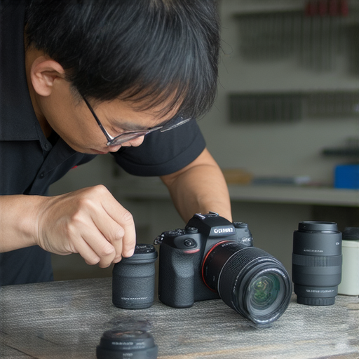 深水埗與旺角的相機維修專家正在進行專業維修，展示維修技巧及服務流程，背景為專業工具和設備，捕捉相機零件修復的瞬間。