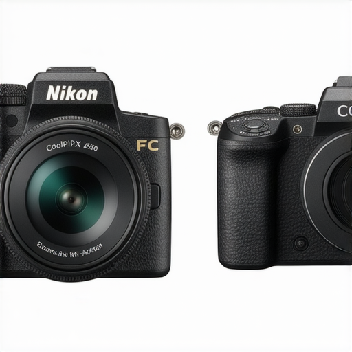 Nikon Z fc相機與Coolpix W300並排展示，呈現攝影技術與設計，背景為美麗風景，強調捕捉精彩瞬間的能力，吸引攝影愛好者探索專業服務。