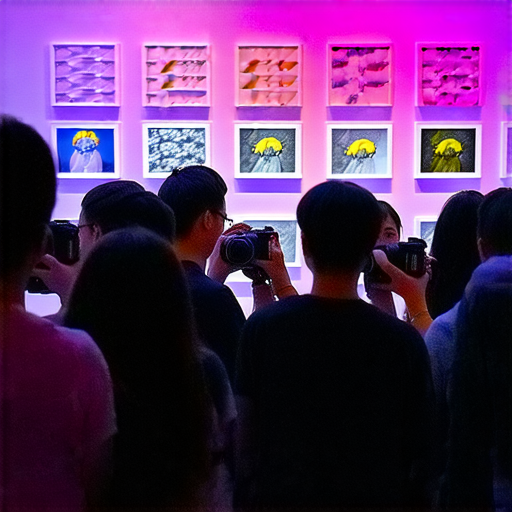 Nikon Z fc 體驗活動中，參加者專注於操作相機捕捉影像藝術，展現專業技術與創意，背景映襯著攝影作品和藝術裝置，探索影像藝術新境界。