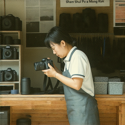 深水埗與旺角相機維修店內景，專業技術人員檢查相機，展示維修工具與設備，提供相機維修秘訣，協助攝影愛好者拍攝完美瞬間。