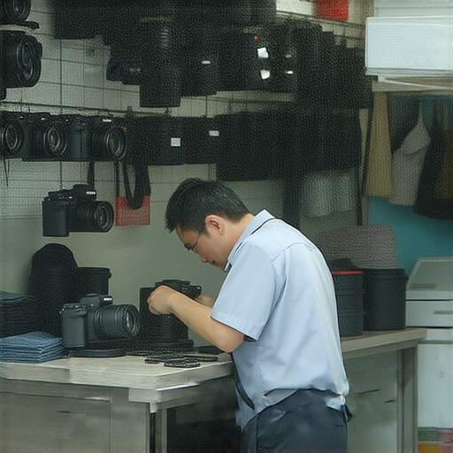 專業相機維修服務的技術人員在深水埗、旺角進行維修工作，展示高效專業的維修環境，提供滿足香港各地需求的優質服務，恢復相機性能。