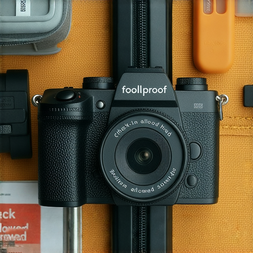 傻瓜相機與旅行行李，展示相機可否托運的標誌，背景為旅行用具，吸引旅客了解拍攝數量限制，解答旅行必備的常見疑問。