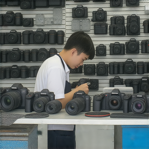 深水埗與旺角相機維修專業服務，展示不同型號的相機與維修工具，技術人員專注檢查設備，吸引攝影愛好者及潛在客戶了解維修選擇。