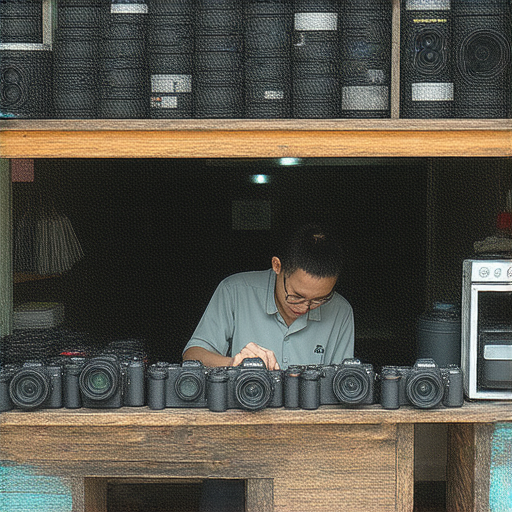 深水埗和旺角的相機維修服務畫面，展示專業技術人員檢查相機，技術工具與零部件清晰可見，吸引攝影愛好者探索重生相機的秘訣。