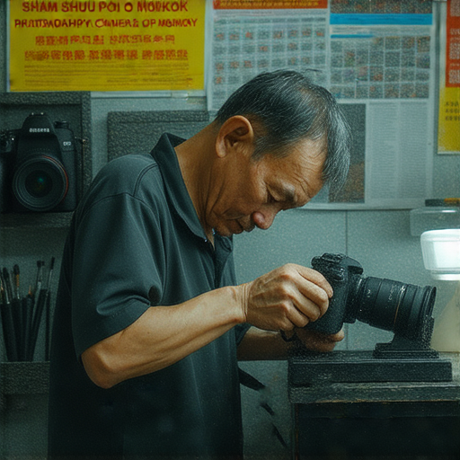 深水埗到旺角的相機維修店內景，技師專注維修相機，展現專業技術，旁邊展示相機維修課程海報，吸引攝影愛好者探索香港相機維修的秘密與專業學習機會。