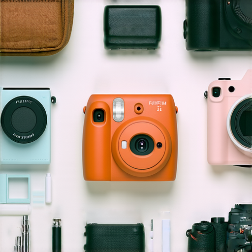 Fujifilm即影即有相機展示圖，展示多款相機不同型號及配件，背景為輕鬆的拍攝場景，適合入門攝影愛好者，視覺吸引，顯示選擇的多樣性和樂趣。