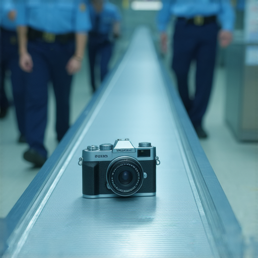 傻瓜相機放置於X光機傳送帶上，周圍有安檢人員。圖片展示傻瓜相機如何安全通過X光機，探索使用秘訣與專業服務的重要性。