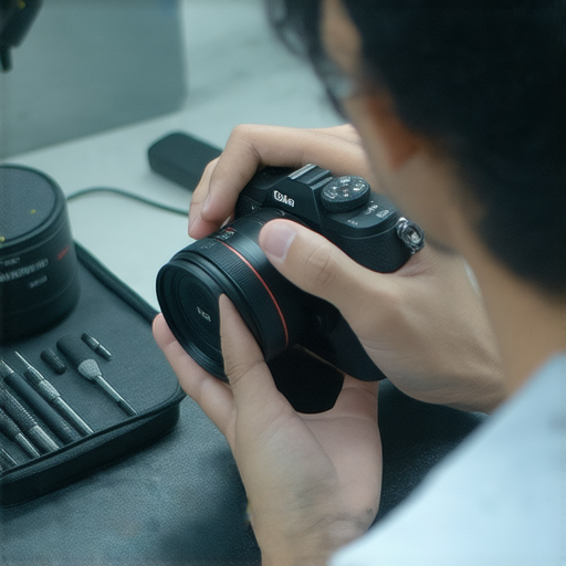 深水埗與旺角相機維修專家的專業服務展示，技術人員正在仔細檢修相機，周圍環境明亮專業，展現維修過程中的專注與精確，幫助相機復甦。