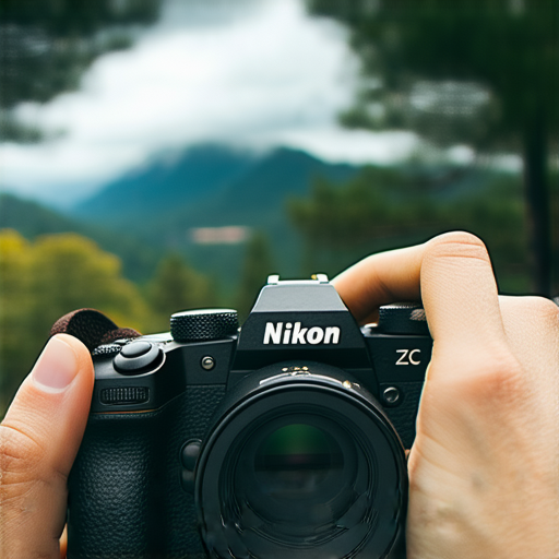 Nikon Z FC相機特寫，展現其復古設計與專業功能，攝影師正在調整設置，背景為美麗自然風光，探索Nikon Z FC攝影魅力與專業服務，提升攝影技巧。