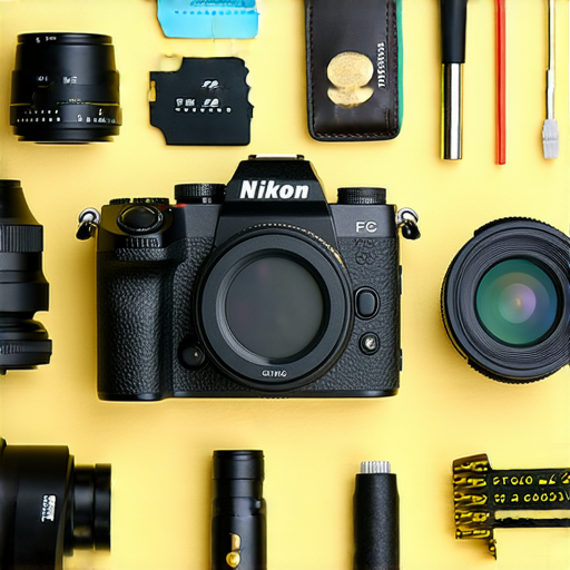 Nikon Z FC攝影機與多款攝影神器一起擺放，展現專業攝影技術的魅力，色彩豐富且具現代感，適合探索攝影世界的愛好者。