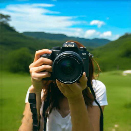 探索Fujifilm相機的魅力即影即有，一位攝影師正在戶外拍攝，展示入門與進階相機選擇的特點，背景為自然風景，捕捉美麗瞬間的熱情。