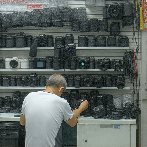 深水埗與旺角的專業相機維修店內部，技師正在仔細檢查相機設備，周圍擺放著各種維修工具與零件，展現專業服務，助你重現相機生機。