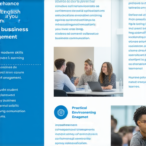 提升商業英語能力的商務英語課程介紹圖，展示課程內容、學習環境及學員交流場景，強調實用技巧與商務溝通能力的提升，吸引需要加強商業英語的學員參加。
